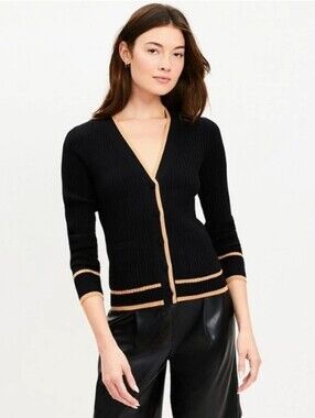 LOFT Black Ribbed Cardigan with Tan Trim Accents
